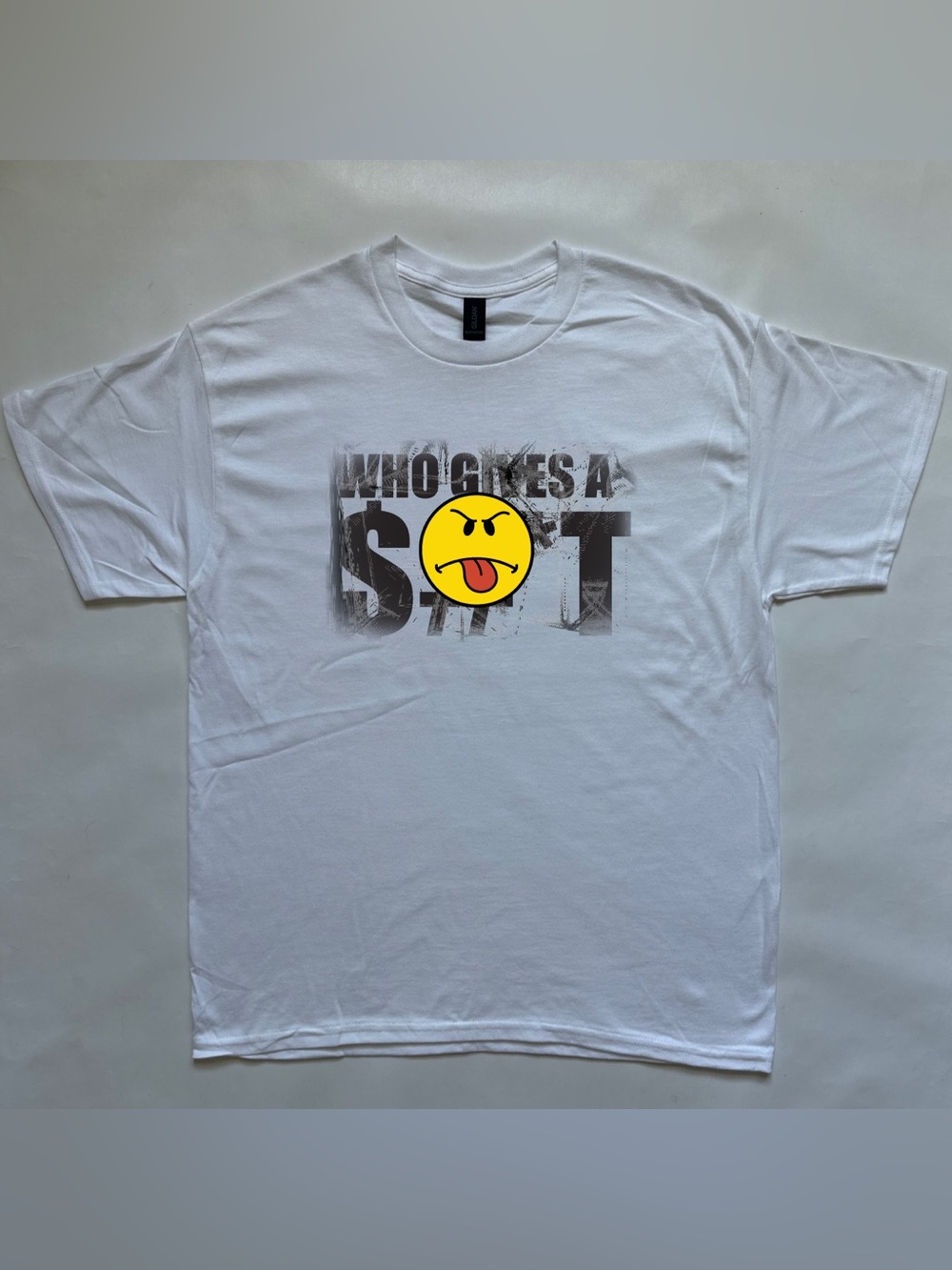 Vintage smiley tee angry sour face who gives a shit slogan graphic tshirt
